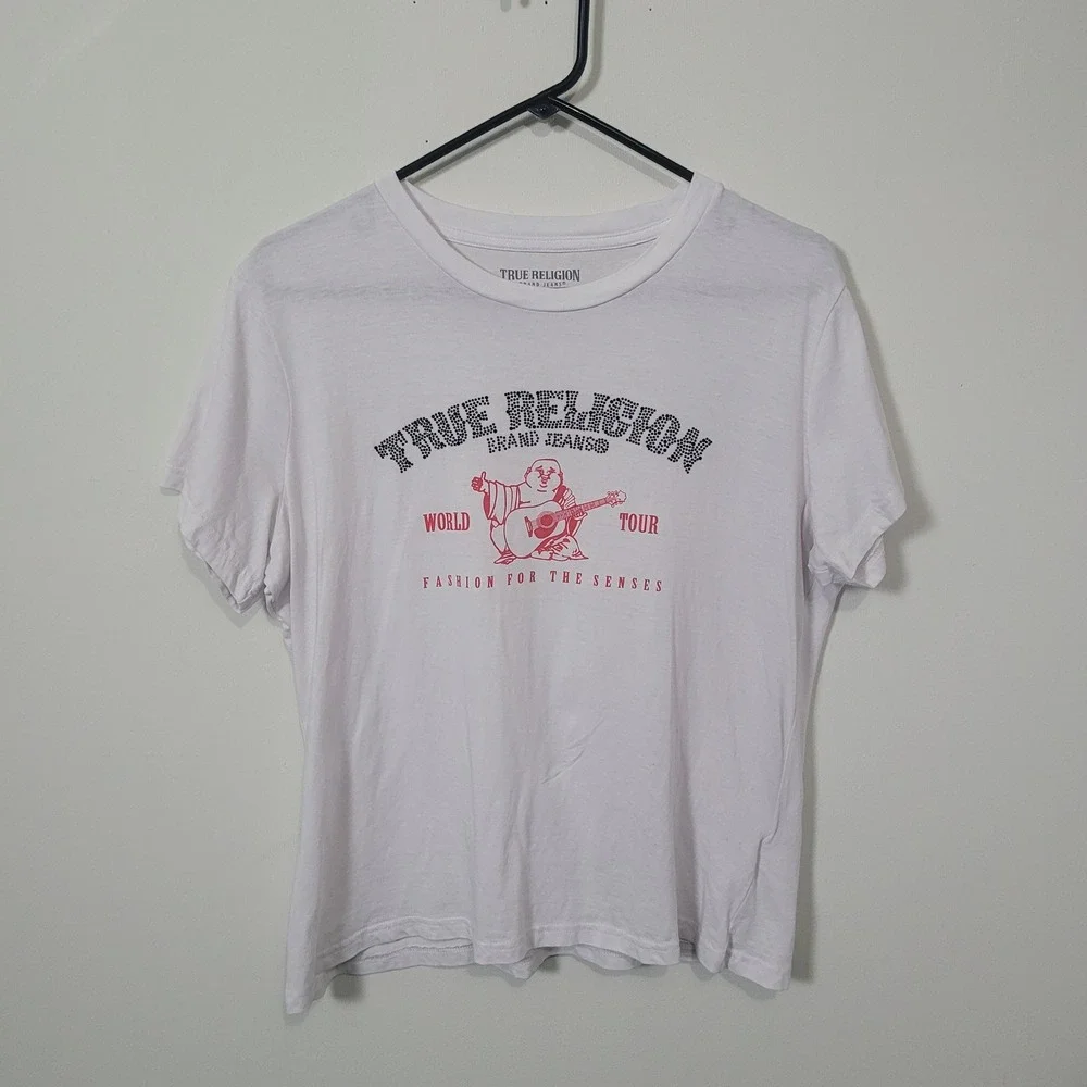 True Religion Size XL T-Shirt Mens White Crystal Arch Logo Buddha Slim Crew